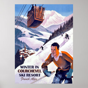 Kabelbaan over Courcheval, man op ski, vintage Poster