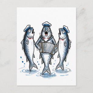 Kabeljauw leidt Chanty-koor in Marine Inkt Illustr Briefkaart