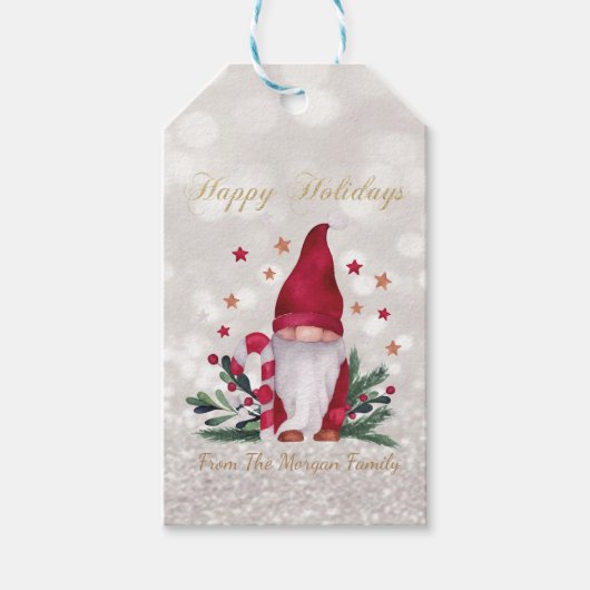 Kabouter, dennentakken, sterren, suiker glitter bo cadeaulabel (Voorkant)