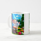 Kabouter die kat omhelst koffiemok (Voorkant links)