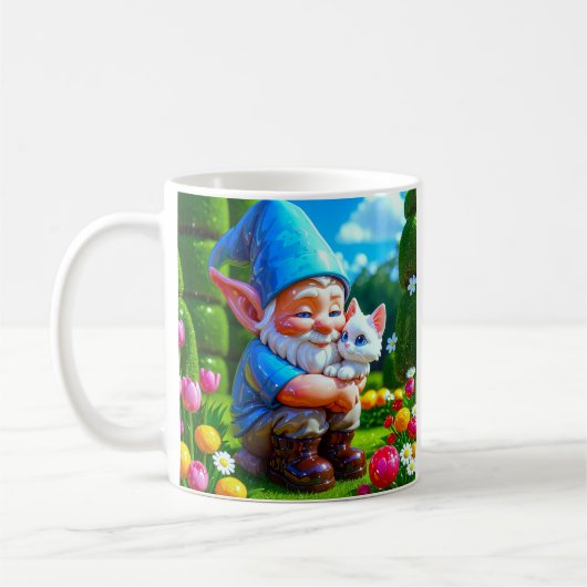 Kabouter die kat omhelst koffiemok (Links)