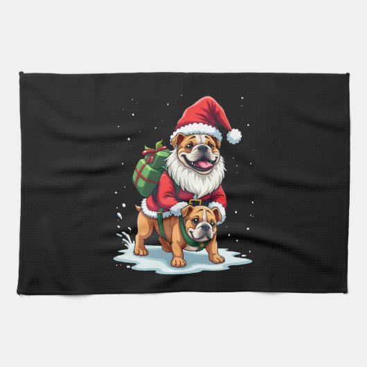 Kabouter die op Engelse Bulldog rijdt Kerstmis Xma Theedoek (Horizontaal)