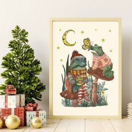 Kabouter en pad op paddenstoel Kerst wanddecoratie Poster