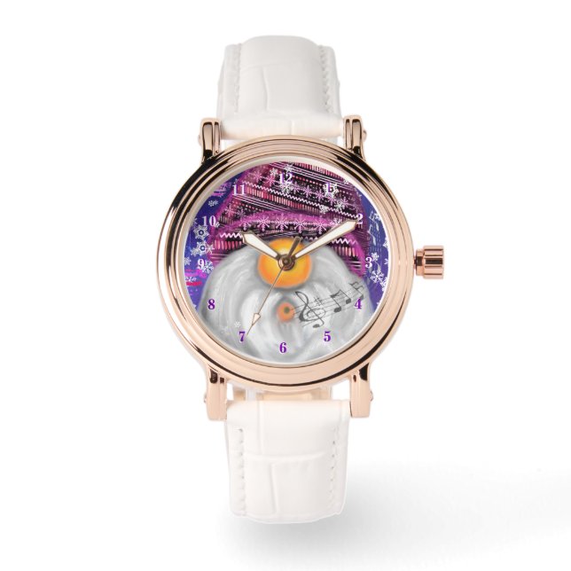 Kabouter in paarse hoed zingt een kerstlied horlog horloge (Voorkant)