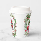 Kabouter in rode vrachtwagen vol cadeaus papieren bekers (Links)