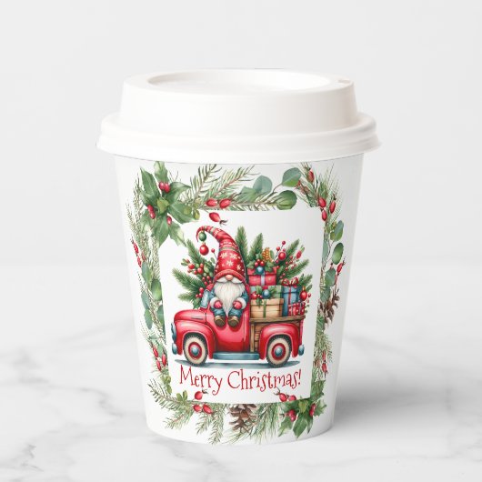 Kabouter in rode vrachtwagen vol cadeaus papieren bekers (Voorkant)