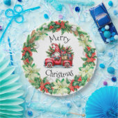 Kabouter in rode vrachtwagen vol cadeaus papieren bordje (Feest)