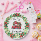 Kabouter in rode vrachtwagen vol cadeaus papieren bordje (Feest)