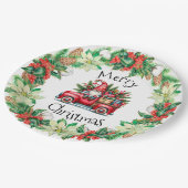 Kabouter in rode vrachtwagen vol cadeaus papieren bordje (Gekanteld)