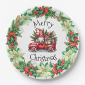 Kabouter in rode vrachtwagen vol cadeaus papieren bordje (Voorkant)