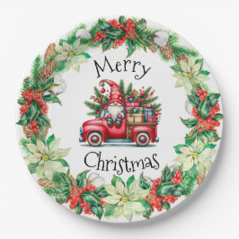 Kabouter in rode vrachtwagen vol cadeaus papieren bordje