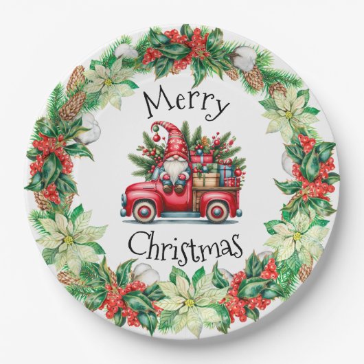 Kabouter in rode vrachtwagen vol cadeaus papieren bordje (Voorkant)