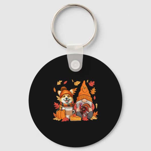 Kabouter Kalkoen Corgi Thanksgiving Herfstbladeren Sleutelhanger (Voorkant)