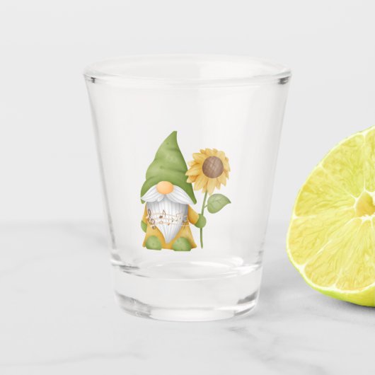 Kabouter met een zonnebloem op een shot glas (Voorkant)