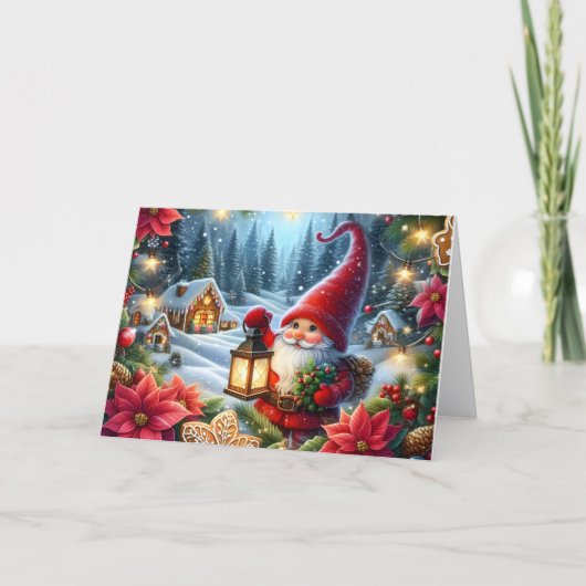 Kabouter met lantaarn Kerstmis Feestdagen Kaart (Voorkant)