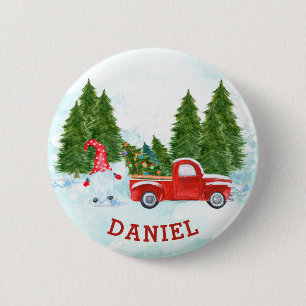 Kabouter met Rode Truck Kerst Ronde Button 5,7 Cm