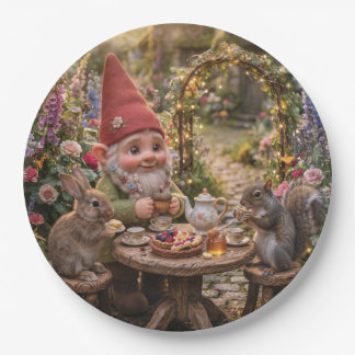 Kabouter met theepartijtje met konijn en eekhoorn papieren bordje
