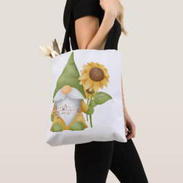Kabouter met zonnebloem en noten op een boodschapp tote bag