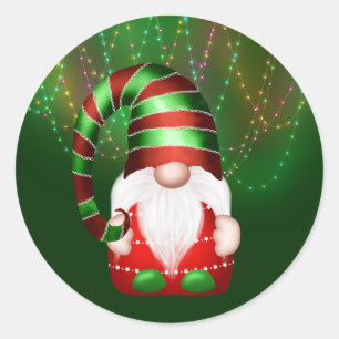 Kabouter Rood Groen Gestreepte Hoed Lichtjes Kerst Ronde Sticker