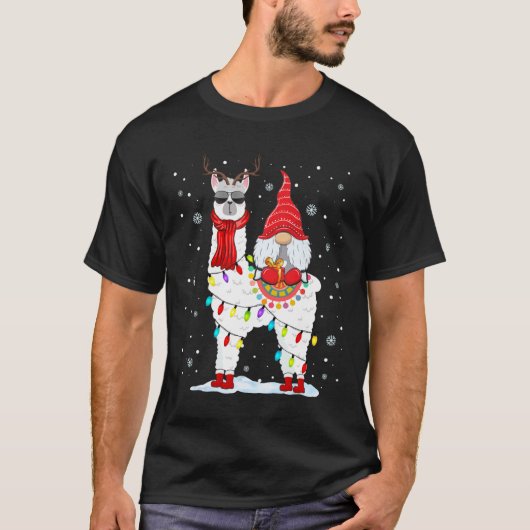Kabouter Sinterklaas rijdt Lama rendier kerstlicht T-shirt (Voorkant)