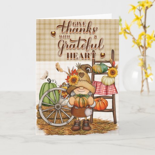 Kabouter uit het land geeft dank met een dankbaar kaart (Gele Bloem)