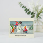  kabouters begroeten sneeuwman seizoen feestdagenkaart (Staand voorkant)