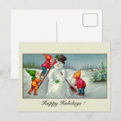  kabouters begroeten sneeuwman seizoen feestdagenkaart (Voorkant / Achterkant)