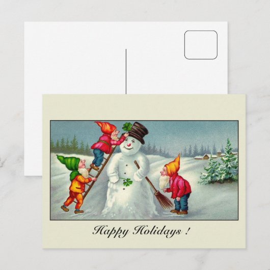  kabouters begroeten sneeuwman seizoen feestdagenkaart (Voorkant / Achterkant)