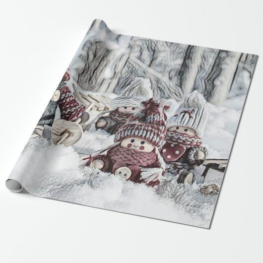 kabouters in de sneeuwtekening cadeaupapier (Uitgerold)