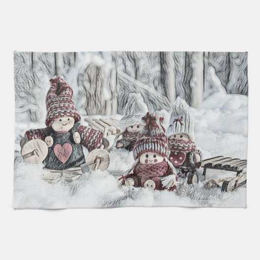 kabouters in de sneeuwtekening theedoek (Horizontaal)