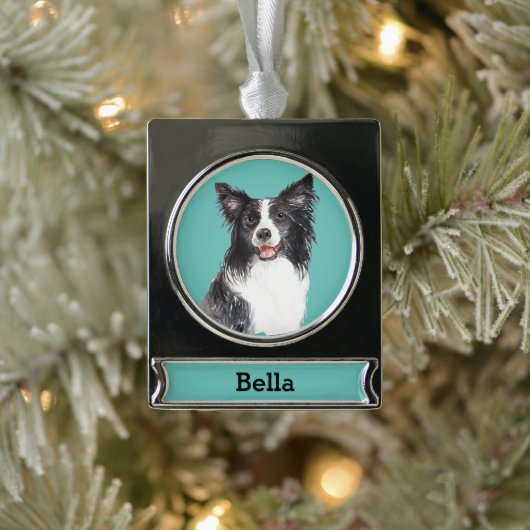 Kader Collie Dog Portret Aangepast Verzilverd Banner Ornament (Boom)