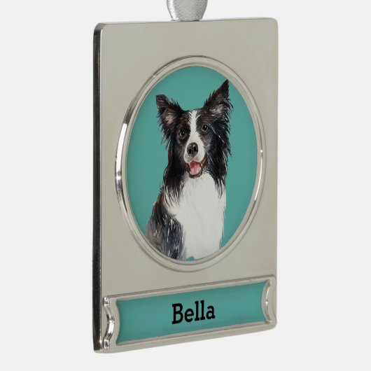 Kader Collie Dog Portret Aangepast Verzilverd Banner Ornament (Rechts)