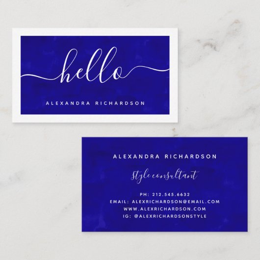 Kader en script | Vetblauwe Waterverf Hallo Visitekaartje (Voorkant / Achterkant)