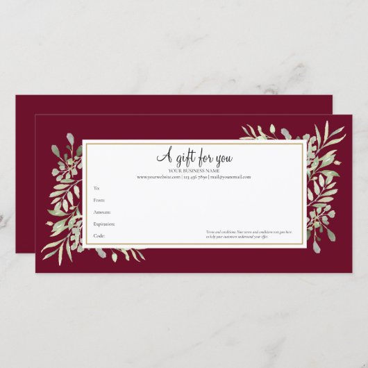 Kado certificaat Burgundy Groenery Goud Zakelijk (Voorkant / Achterkant)