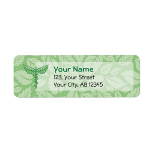 Kaduceus met lederen achtergrondetiket etiket