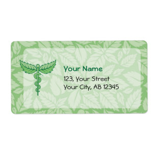 Kaduceus met lederen achtergrondetiket etiket