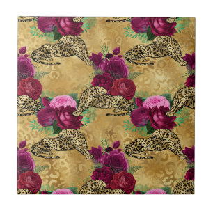 Kaetah Leopard Red Rose Floral Pattern Tegeltje