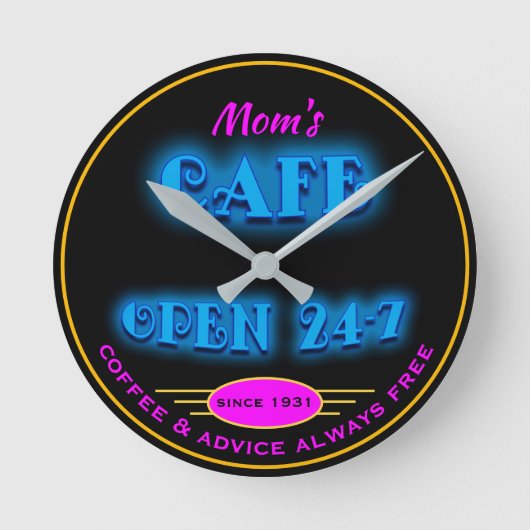 Kafe Open 24 uur Faux Retro Blue Neon - Ronde Klok (Voorkant)