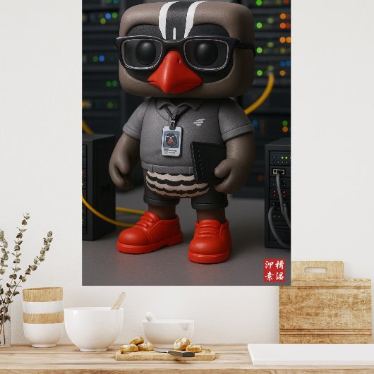 Kagu working at the data center poster (Keuken)