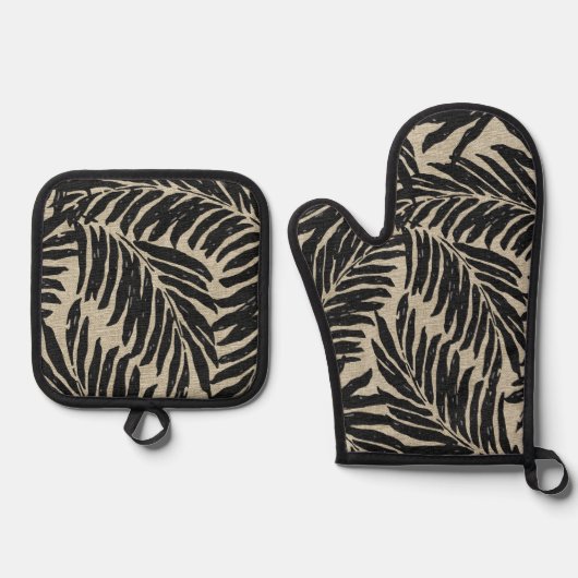 Kahanu Palms Hawaiian Faux Linen Texture Black Ovenwant & Pannenlap Set (Voorkant)