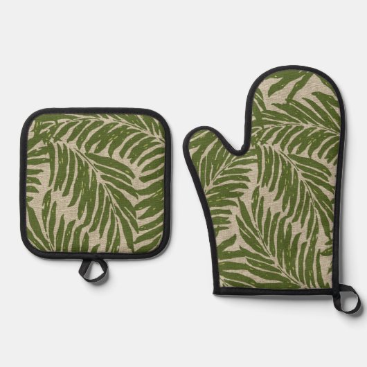 Kahanu Palms Hawaiian Faux Linen Texture Olive Ovenwant & Pannenlap Set (Voorkant)