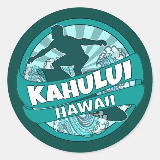 Kahului Hawaii blauwgroen surfer logo stickers (Voorkant)