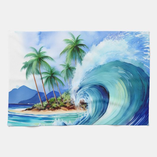 Kai Aloha Eiland Watercolor Golfslag Theedoek (Horizontaal)