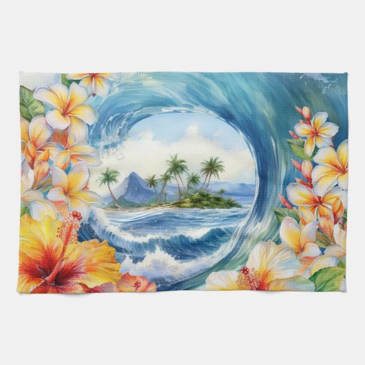 Kai Aloha Hibiscus Watercolor Wave Reversible Theedoek (Horizontaal)