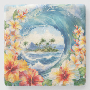 Kai Aloha Hibiscus Watercolor Wave Stenen Onderzetter