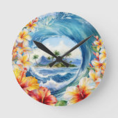 Kai Aloha Hibiscus Waterverf Wave Reversible Ronde Klok (Voorkant)