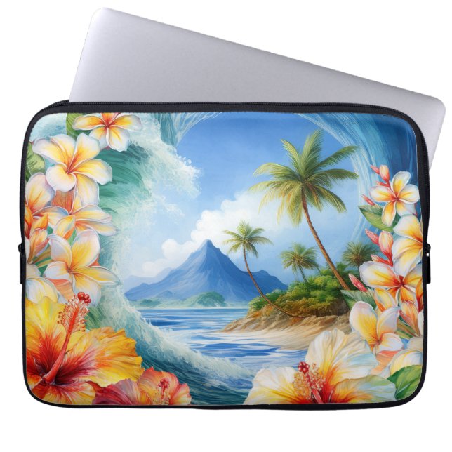 Kai Aloha Hibiscus Waterverf Wave Wetsuit Laptop Sleeve (Voorkant)