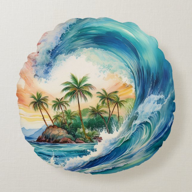 Kai Aloha Motu Waterverf Wave Rond Kussen (Voorkant)