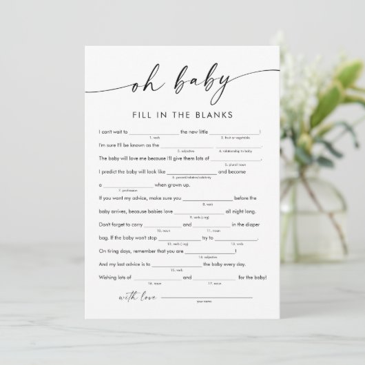 KAIA Baby shower Libs, vul het blanco spel in Kaart (Staand voorkant)