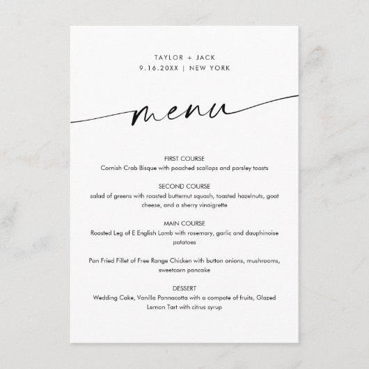 KAIA Minimalistische bruiloft Menu (Voorkant)